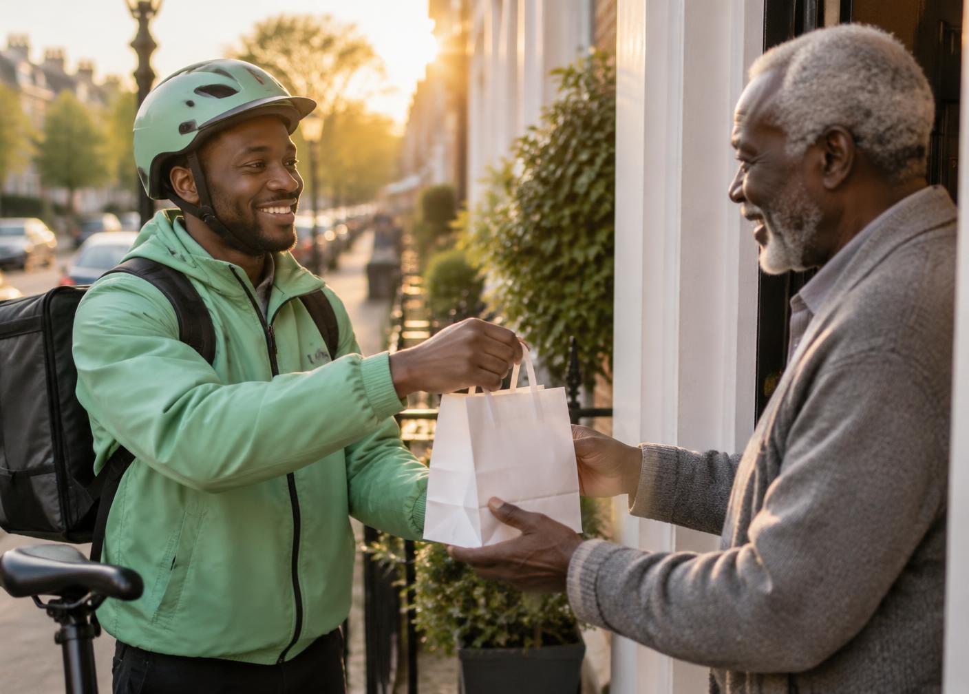 A Waahii rider delivering medicine to an elderly man