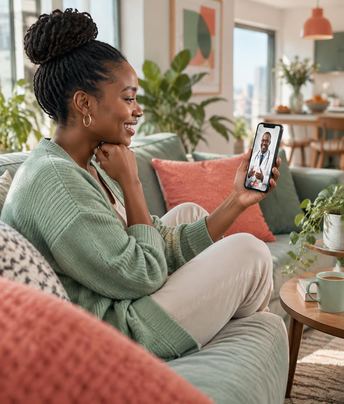 A woman on a video consultation with a doctor from her sofa